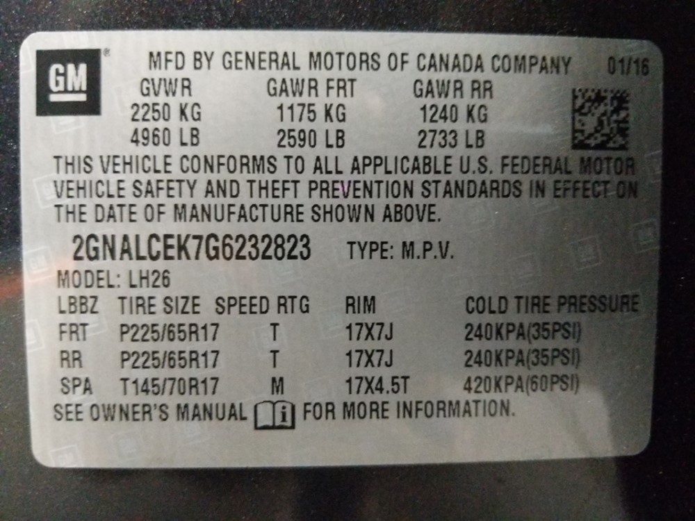 2016 Chevrolet Equinox - VIN Plate