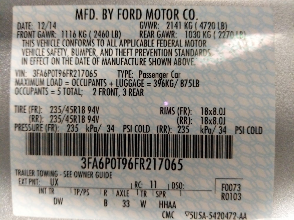 2015 Ford Fusion - VIN Plate