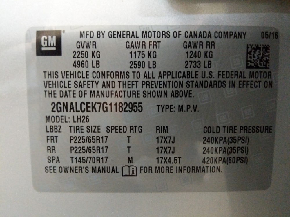 2016 Chevrolet Equinox - VIN Plate