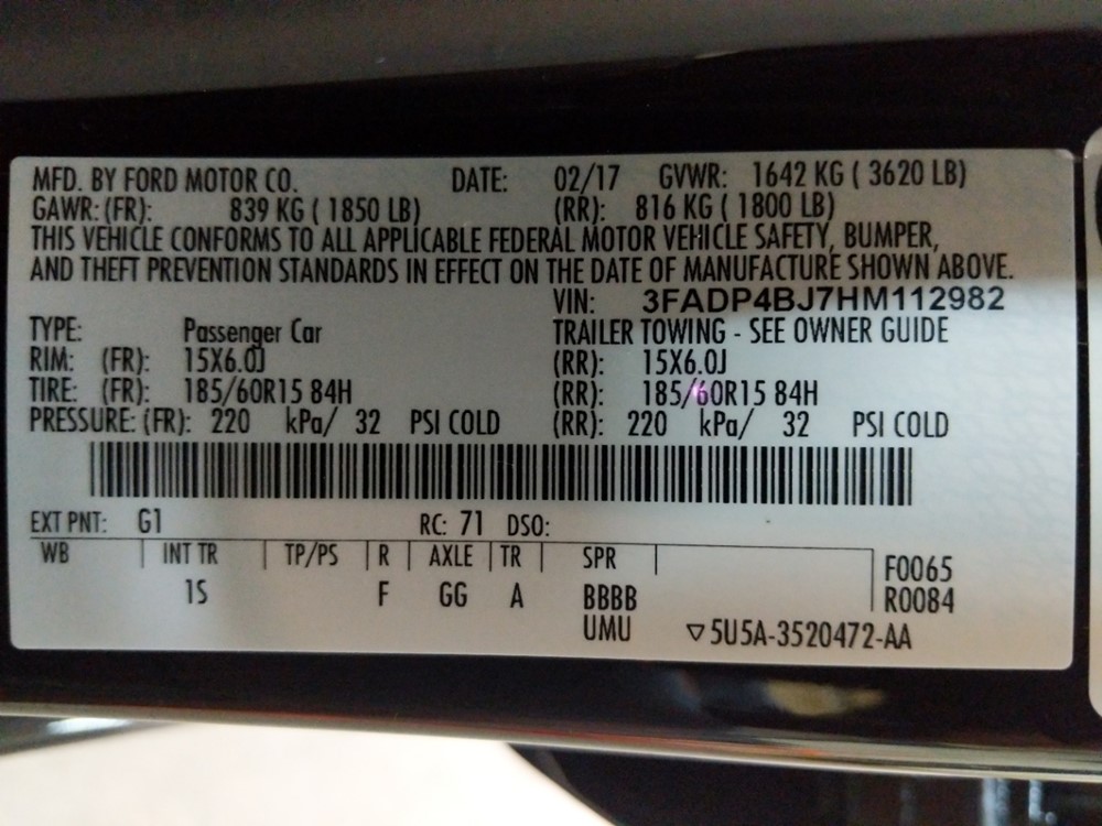 2017 Ford Fiesta - VIN Plate