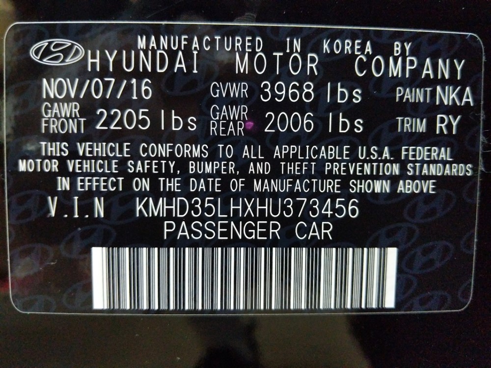 2017 Hyundai Elantra - VIN Plate