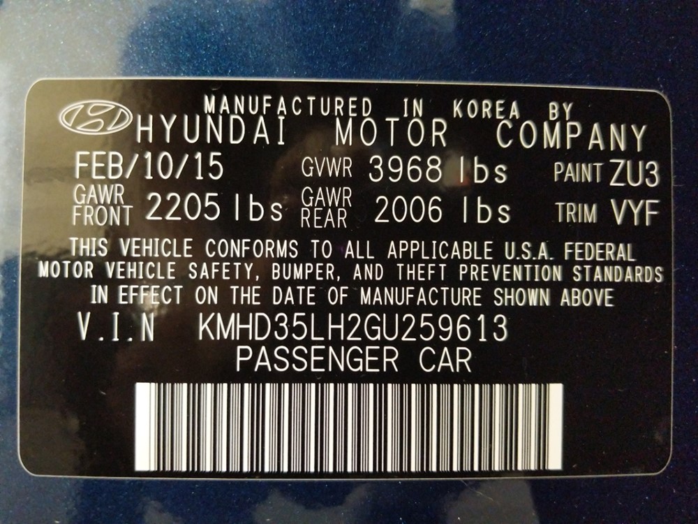2016 Hyundai Elantra - VIN Plate