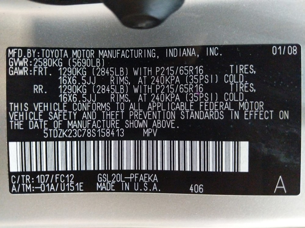 2008 Toyota Sienna - VIN Plate