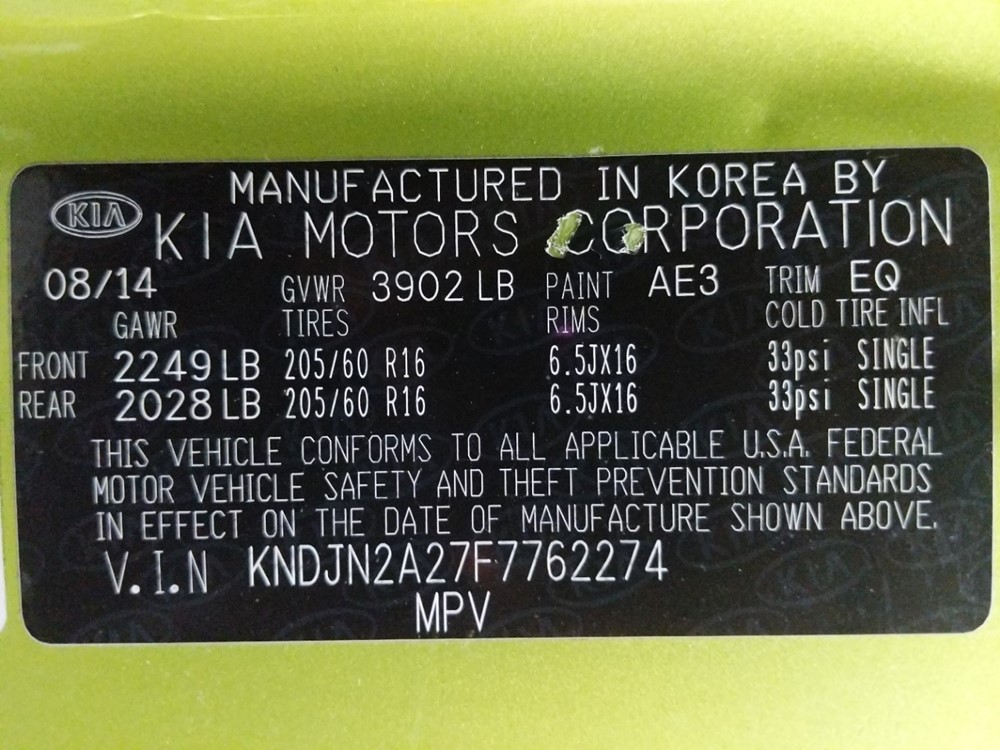 2015 Kia Soul - VIN Plate