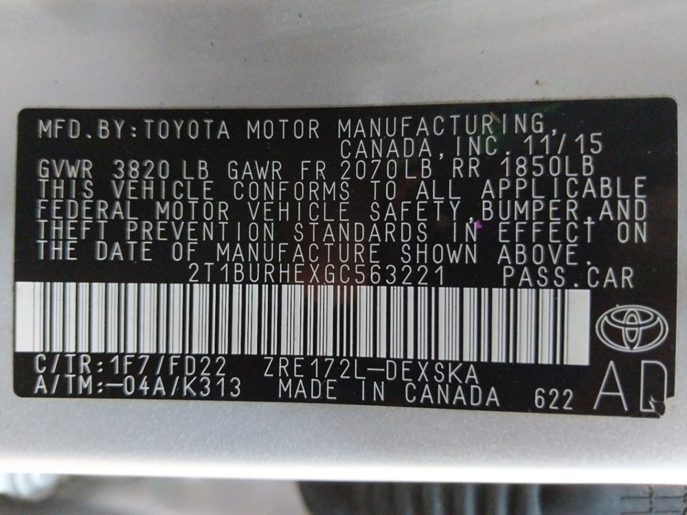 2016 Toyota Corolla - VIN Plate
