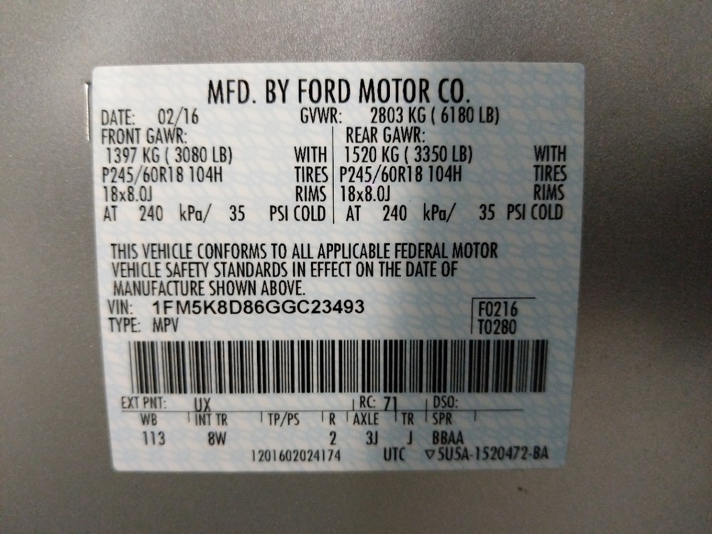 2016 Ford Explorer - VIN Plate