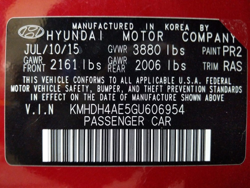 2016 Hyundai Elantra - VIN Plate
