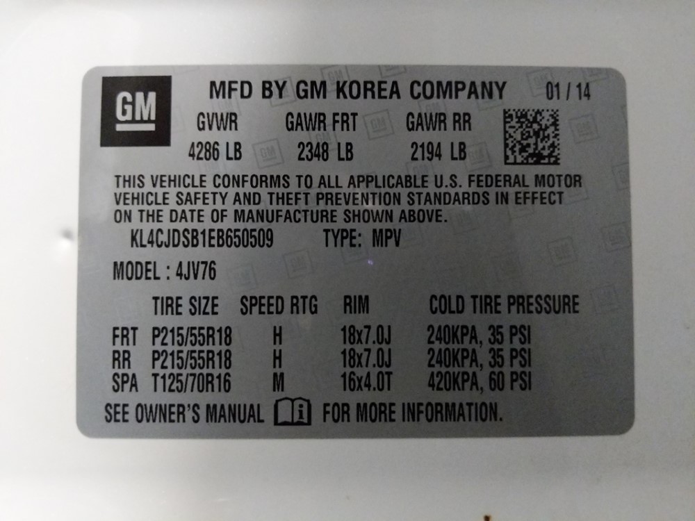 2014 Buick Encore - VIN Plate