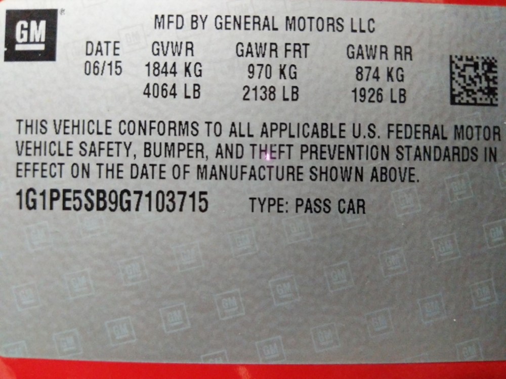 2016 Chevrolet Cruze - VIN Plate
