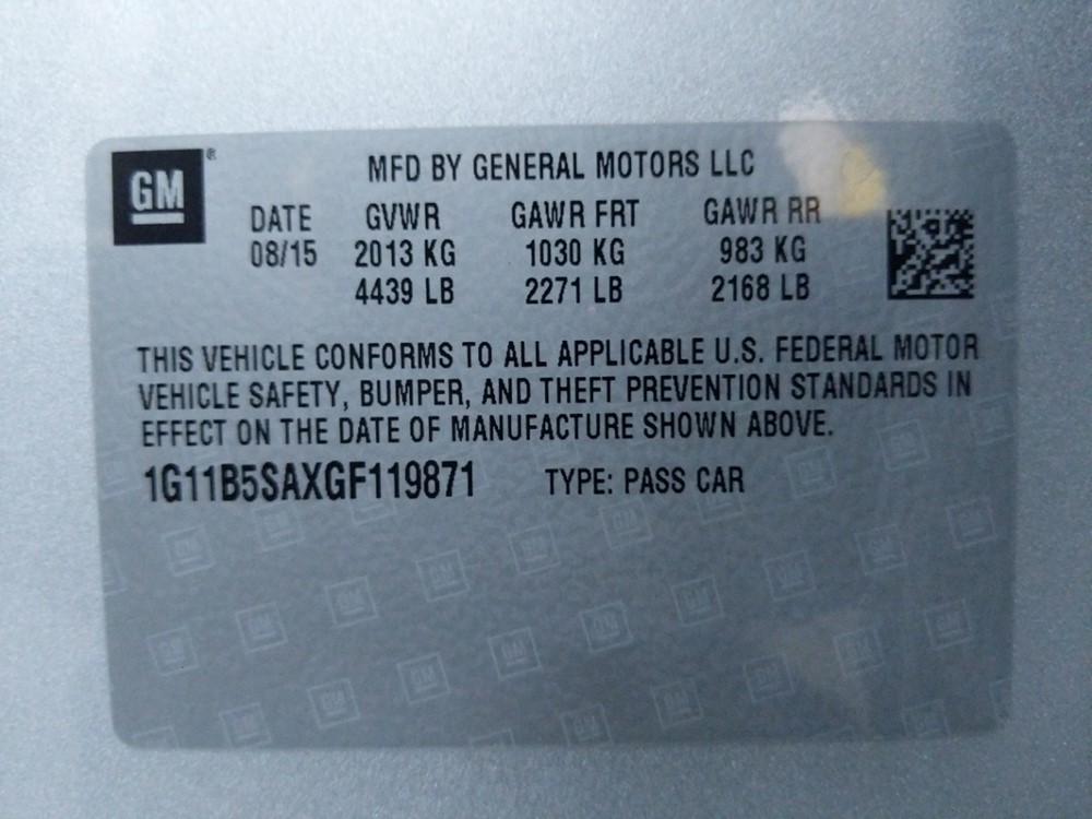 2016 Chevrolet Malibu - VIN Plate
