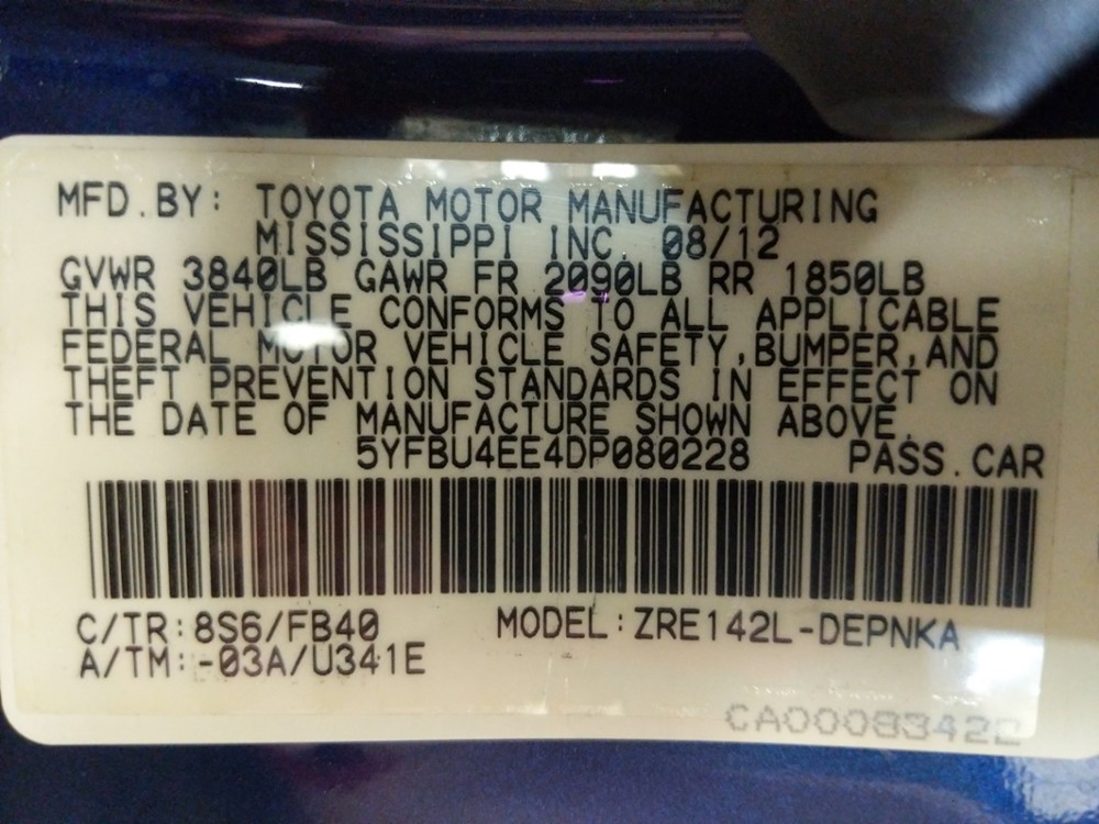2013 Toyota Corolla - VIN Plate