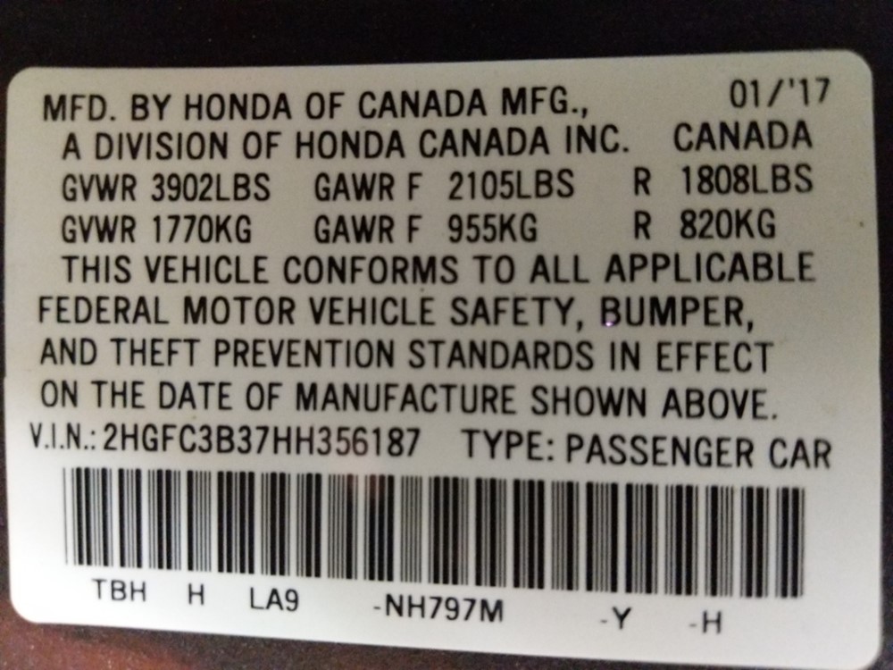 2017 Honda Civic - VIN Plate