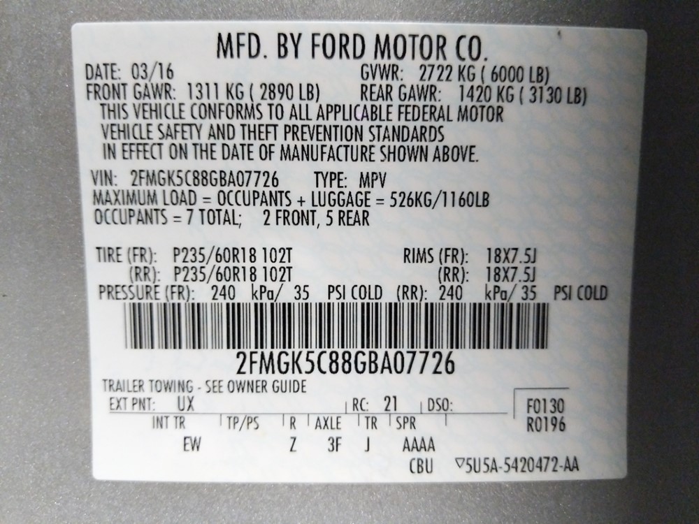 2016 Ford Flex - VIN Plate