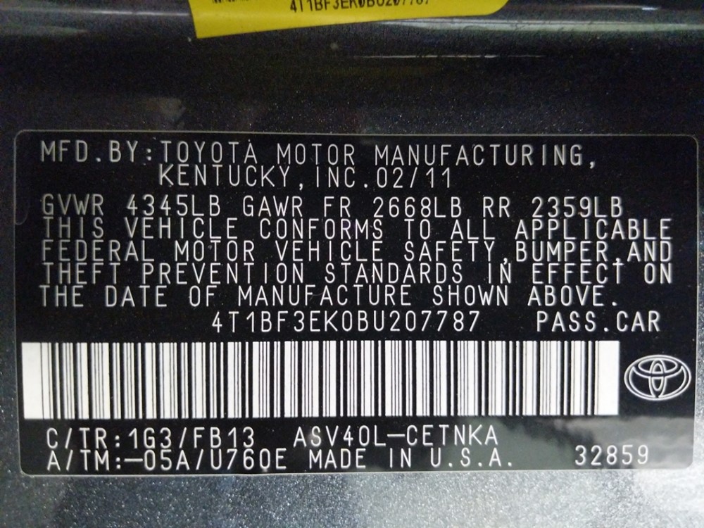 2011 Toyota Camry - VIN Plate