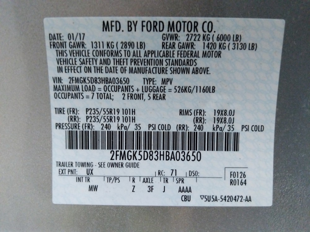 2017 Ford Flex - VIN Plate