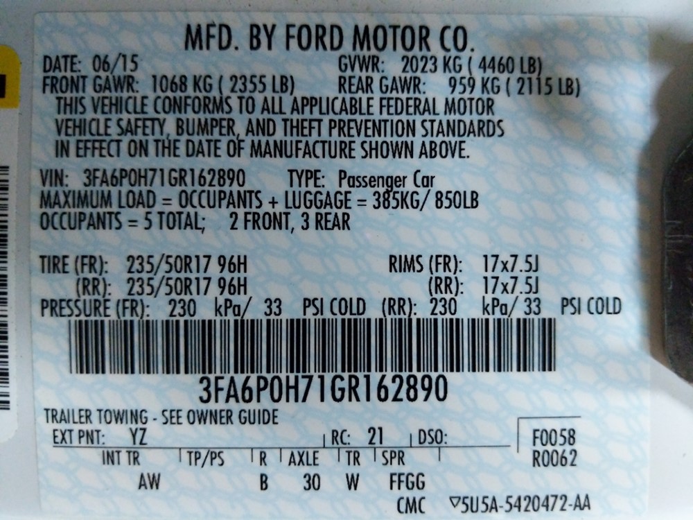 2016 Ford Fusion - VIN Plate