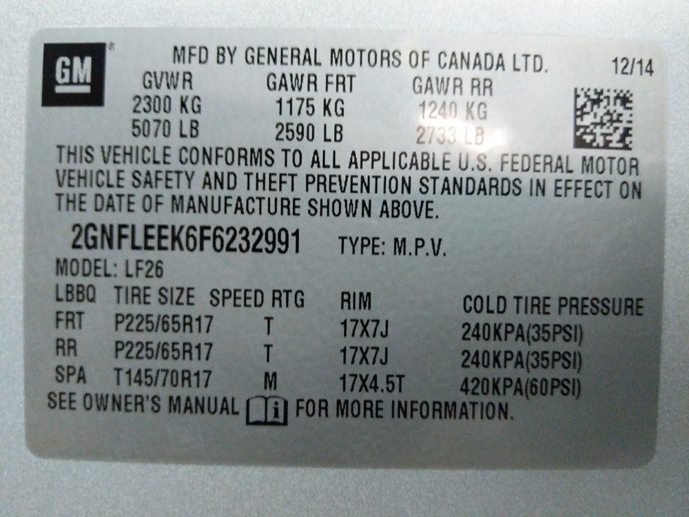2015 Chevrolet Equinox - VIN Plate