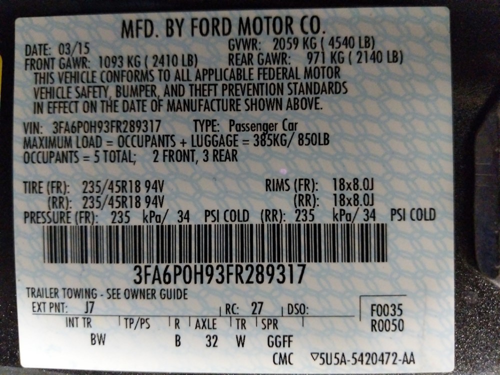 2015 Ford Fusion - VIN Plate