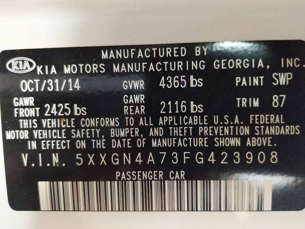 2015 Kia Optima - VIN Plate