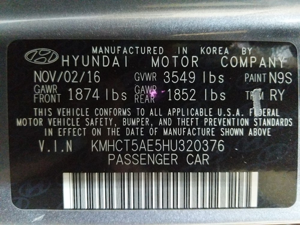 2017 Hyundai Accent - VIN Plate