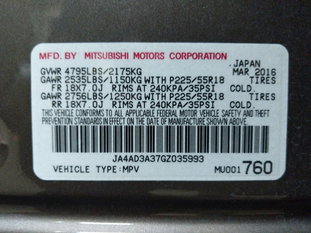 2016 Mitsubishi Outlander - VIN Plate