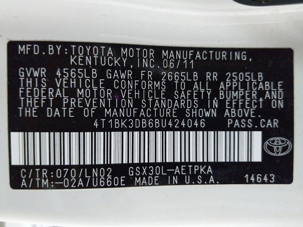 2011 Toyota Avalon - VIN Plate