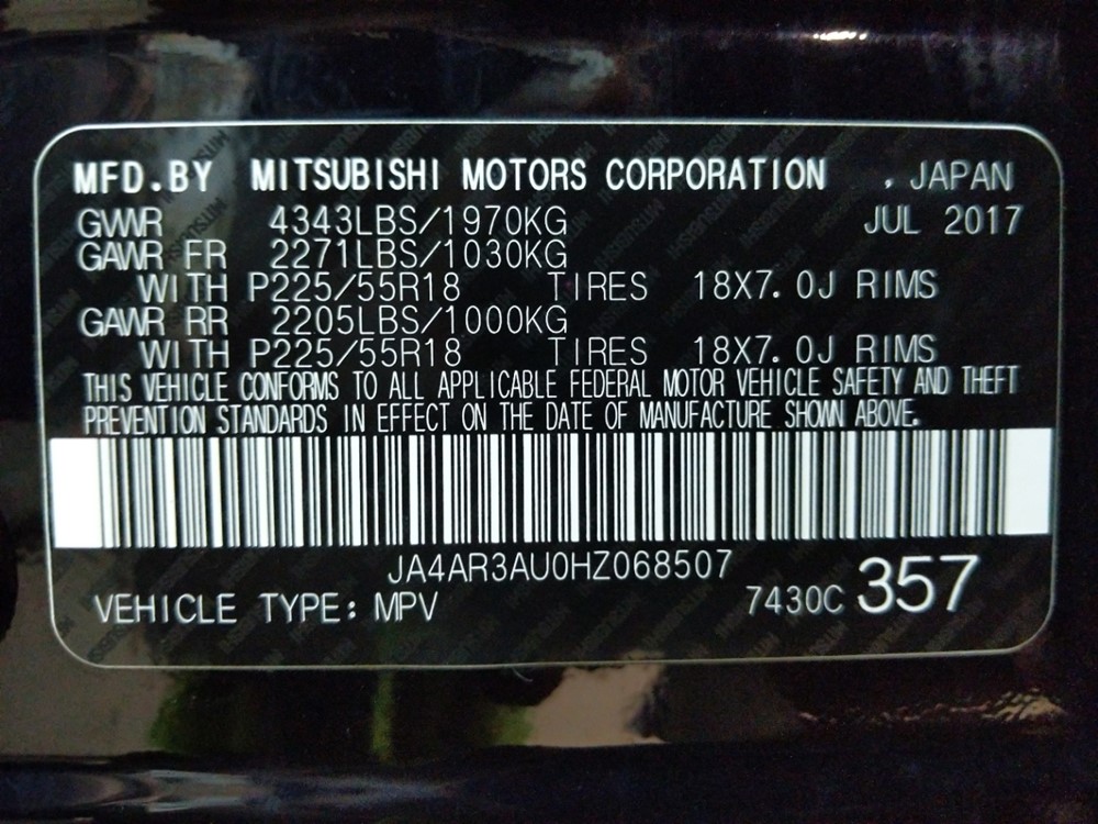 2017 Mitsubishi Outlander - VIN Plate