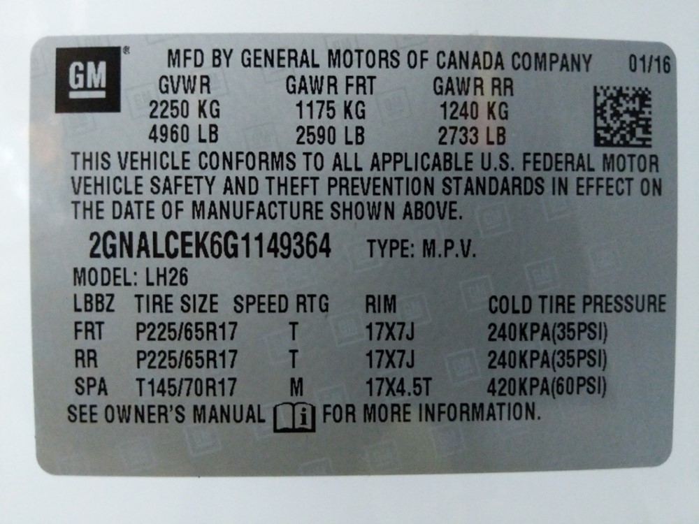 2016 Chevrolet Equinox - VIN Plate