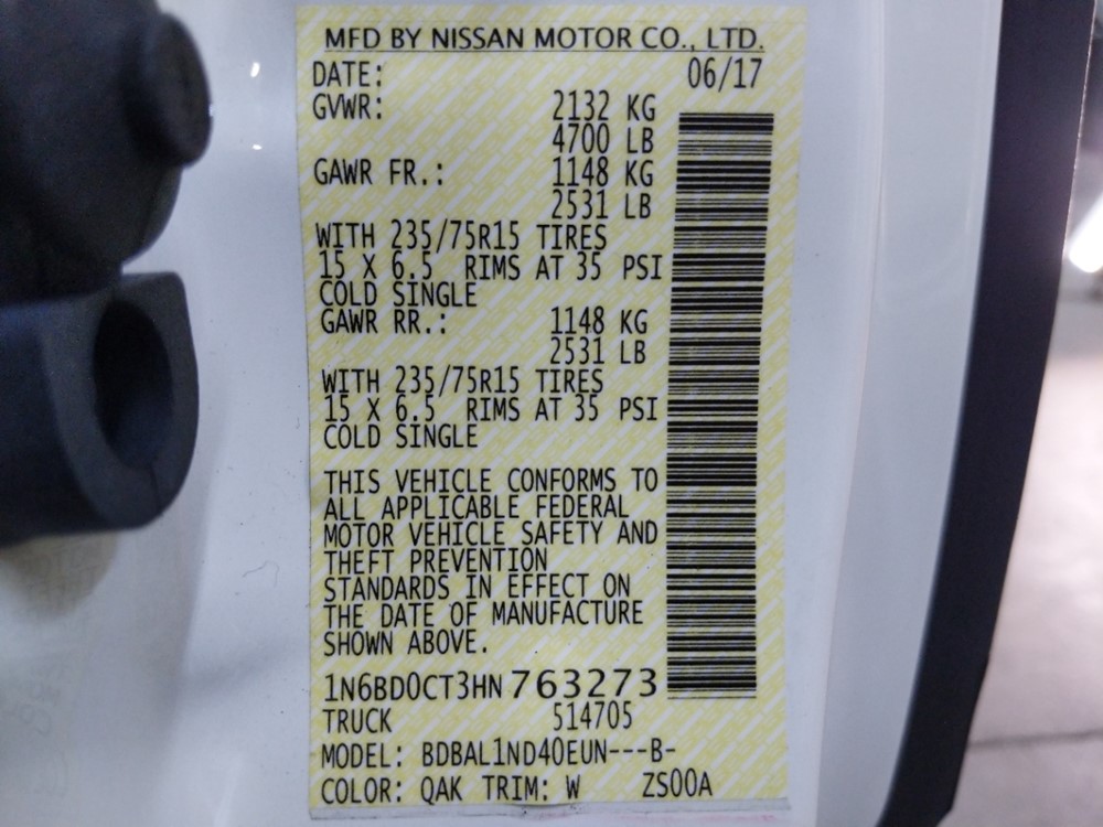 2017 Nissan Frontier - VIN Plate