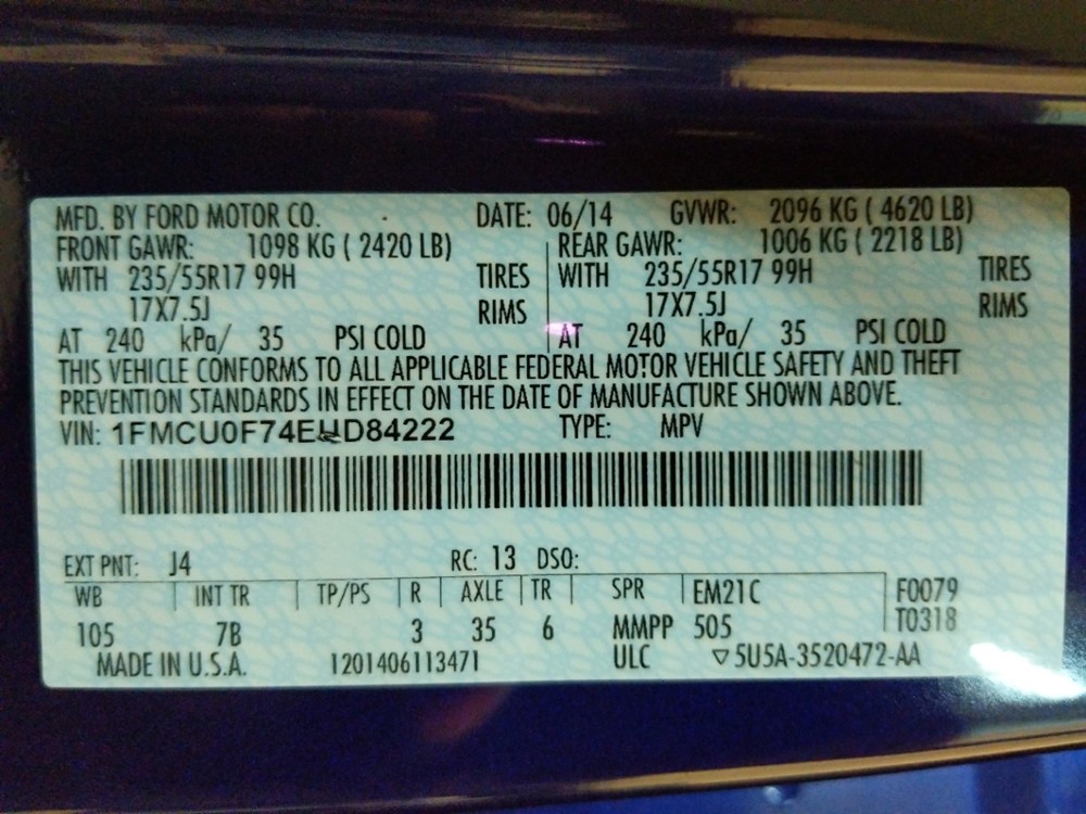 2014 Ford Escape - VIN Plate