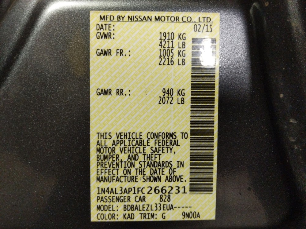 2015 Nissan Altima - VIN Plate