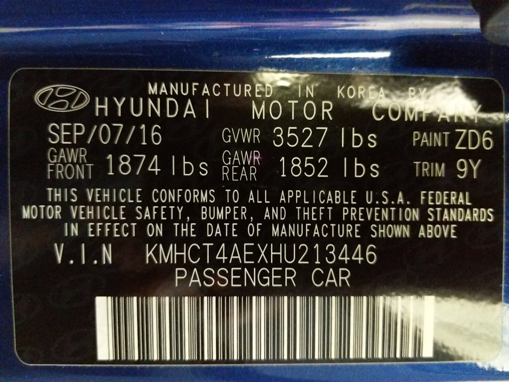 2017 Hyundai Accent - VIN Plate