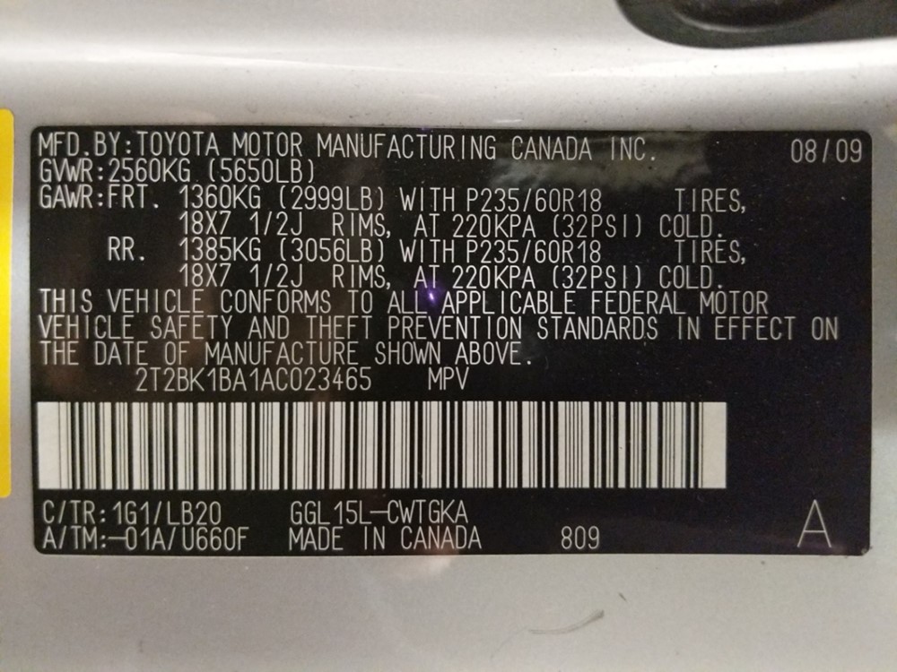 2010 Lexus RX 350 - VIN Plate