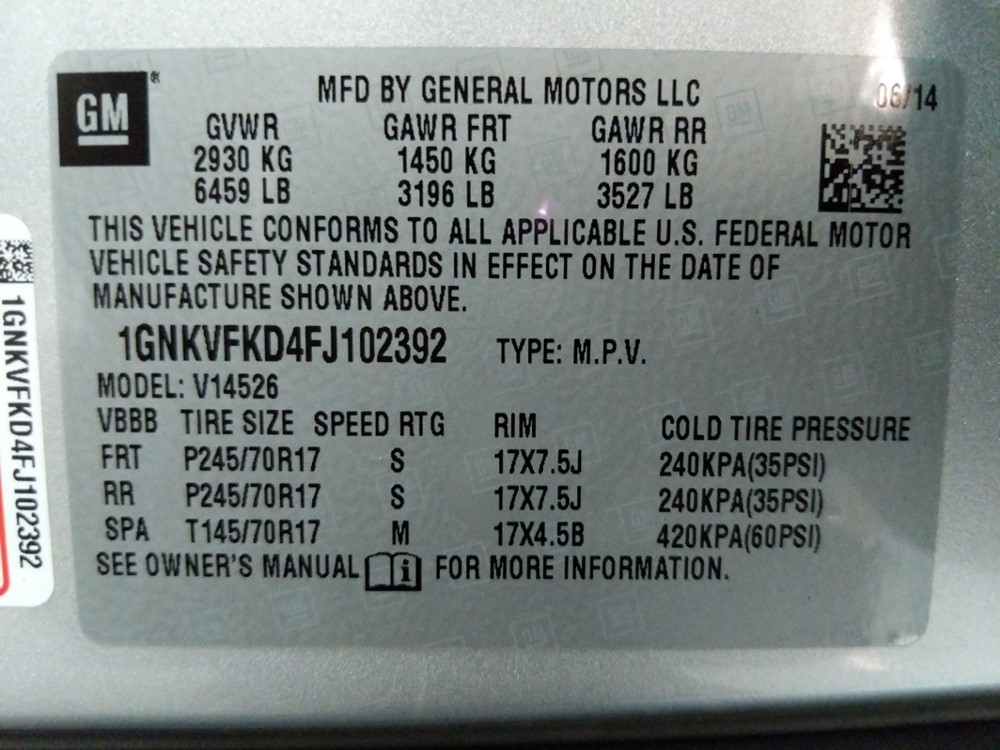 2015 Chevrolet Traverse - VIN Plate