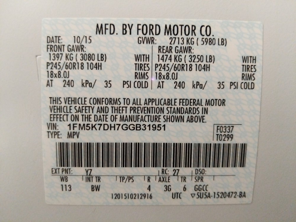 2016 Ford Explorer - VIN Plate