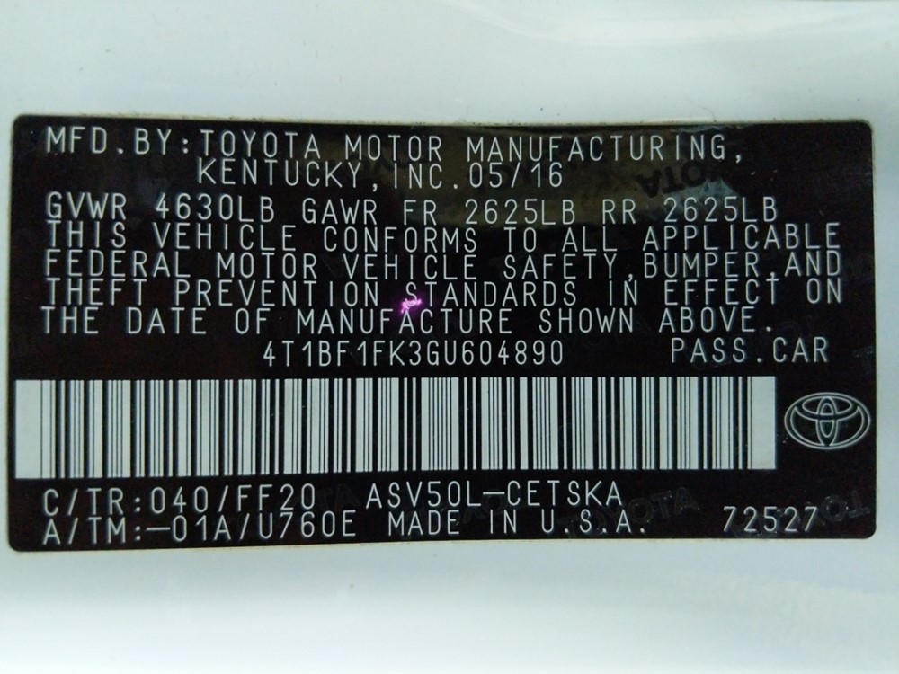 2016 Toyota Camry - VIN Plate
