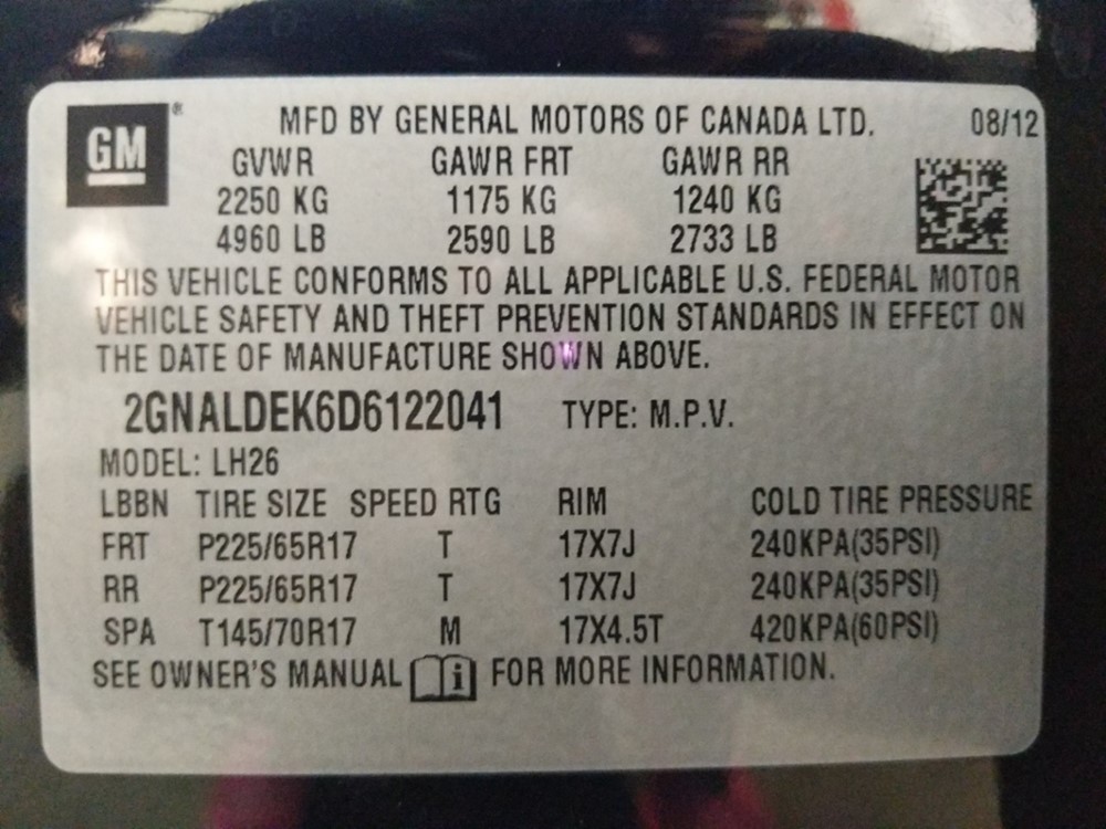 2013 Chevrolet Equinox - VIN Plate