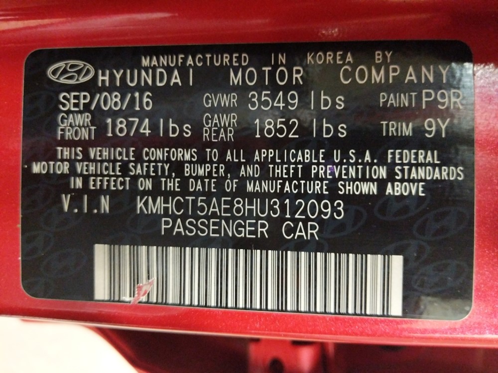 2017 Hyundai Accent - VIN Plate