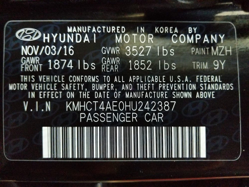 2017 Hyundai Accent - VIN Plate