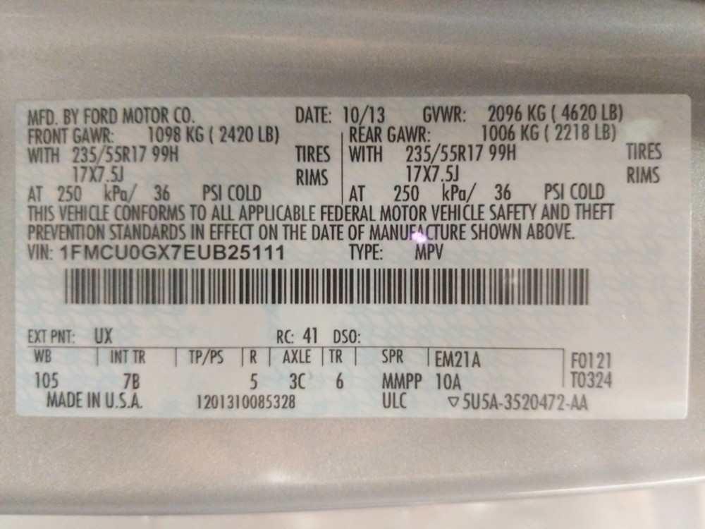 2014 Ford Escape - VIN Plate