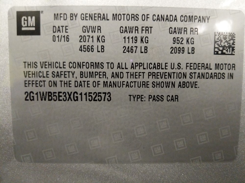 2016 Chevrolet Impala - VIN Plate