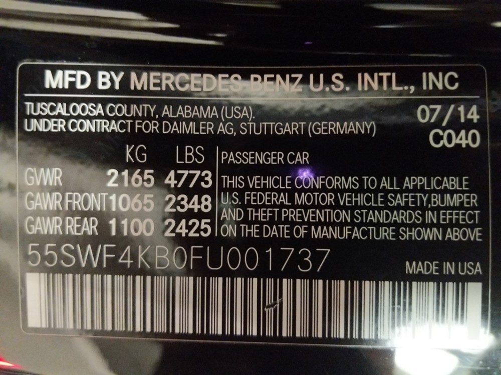 2015 Mercedes-Benz C300 - VIN Plate