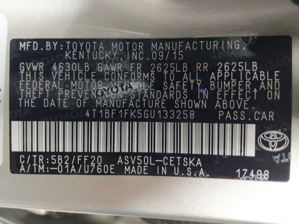 2016 Toyota Camry - VIN Plate