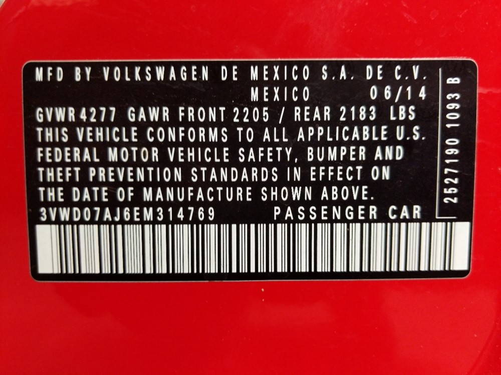 2014 Volkswagen Jetta - VIN Plate