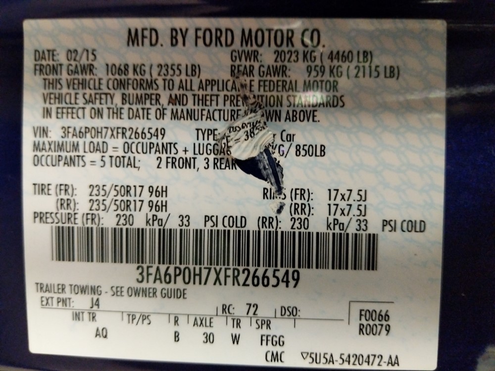2015 Ford Fusion - VIN Plate