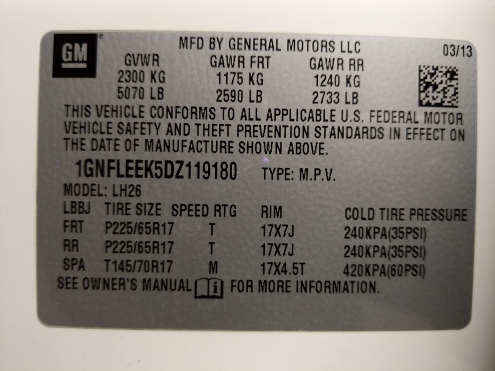 2013 Chevrolet Equinox - VIN Plate