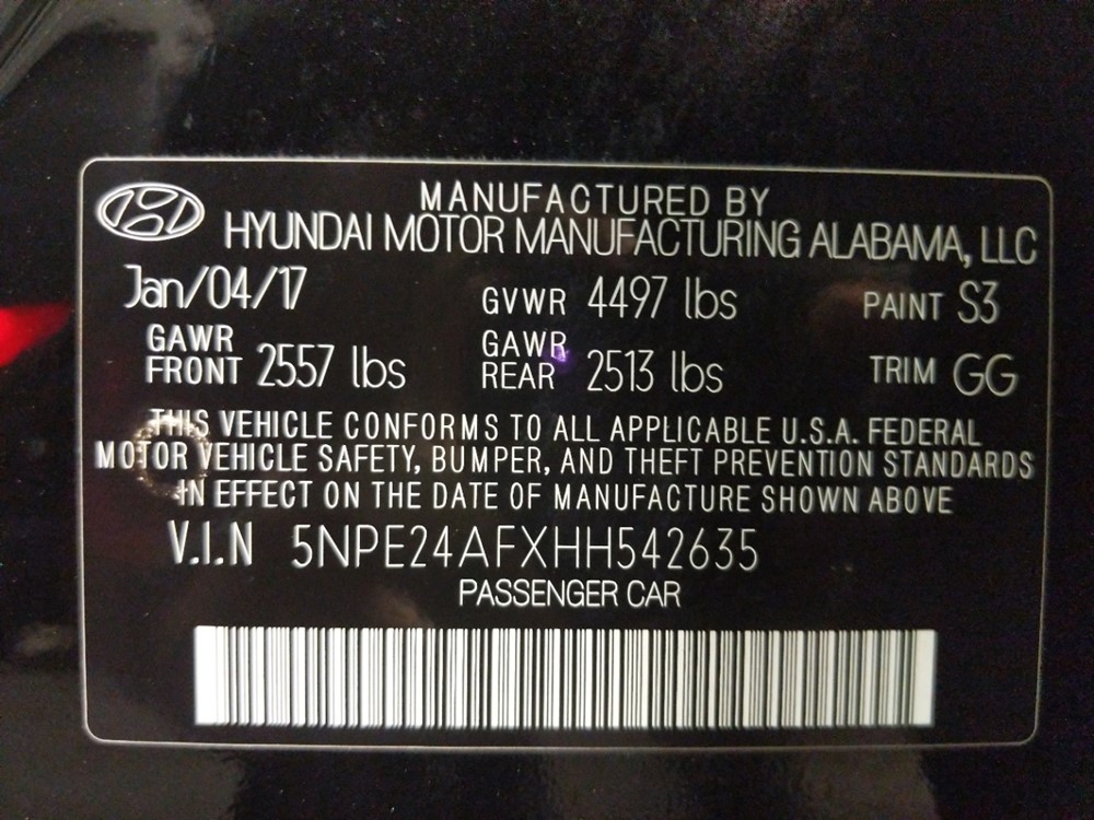 2017 Hyundai Sonata - VIN Plate