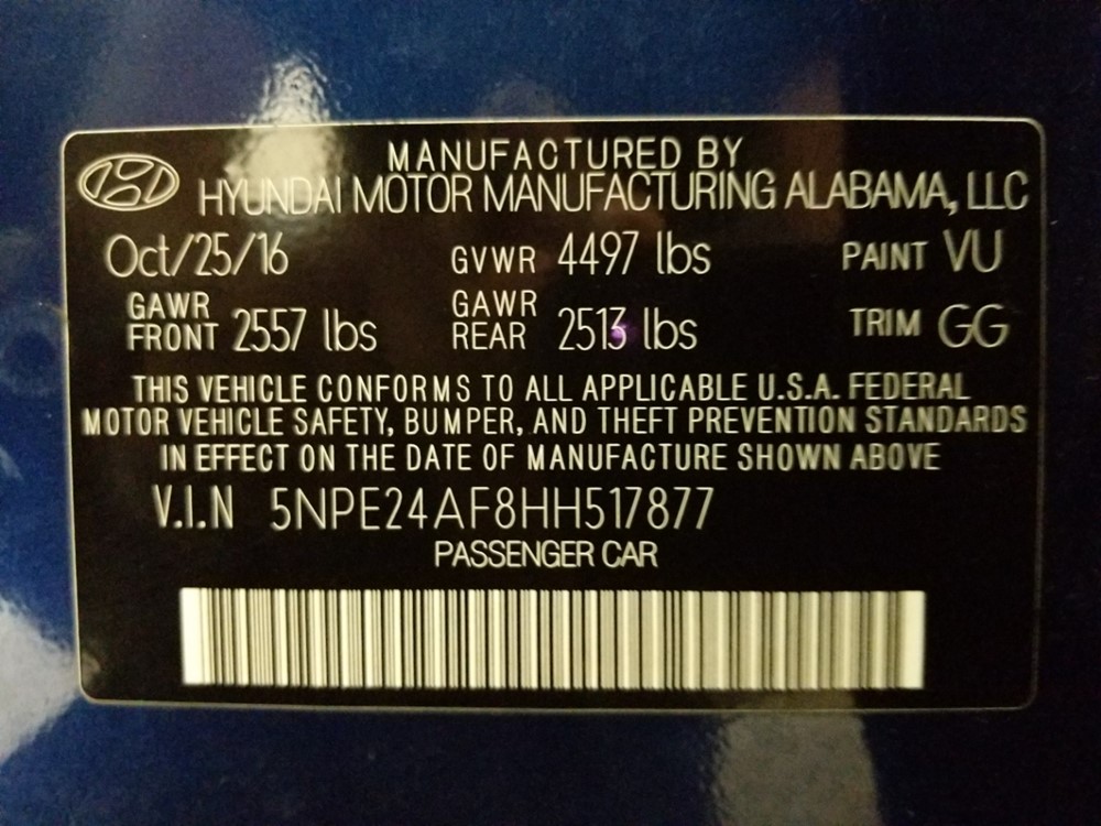 2017 Hyundai Sonata - VIN Plate