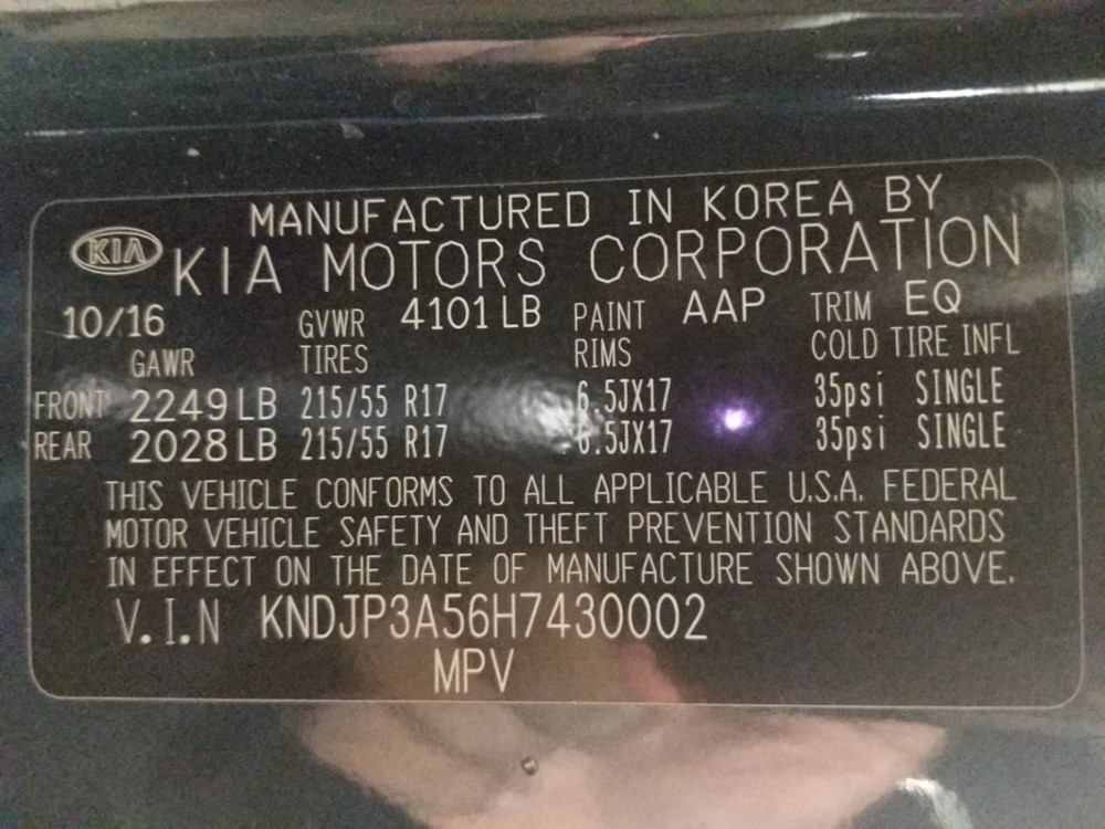 2017 Kia Soul - VIN Plate