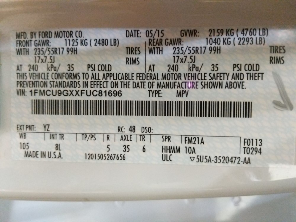 2015 Ford Escape - VIN Plate